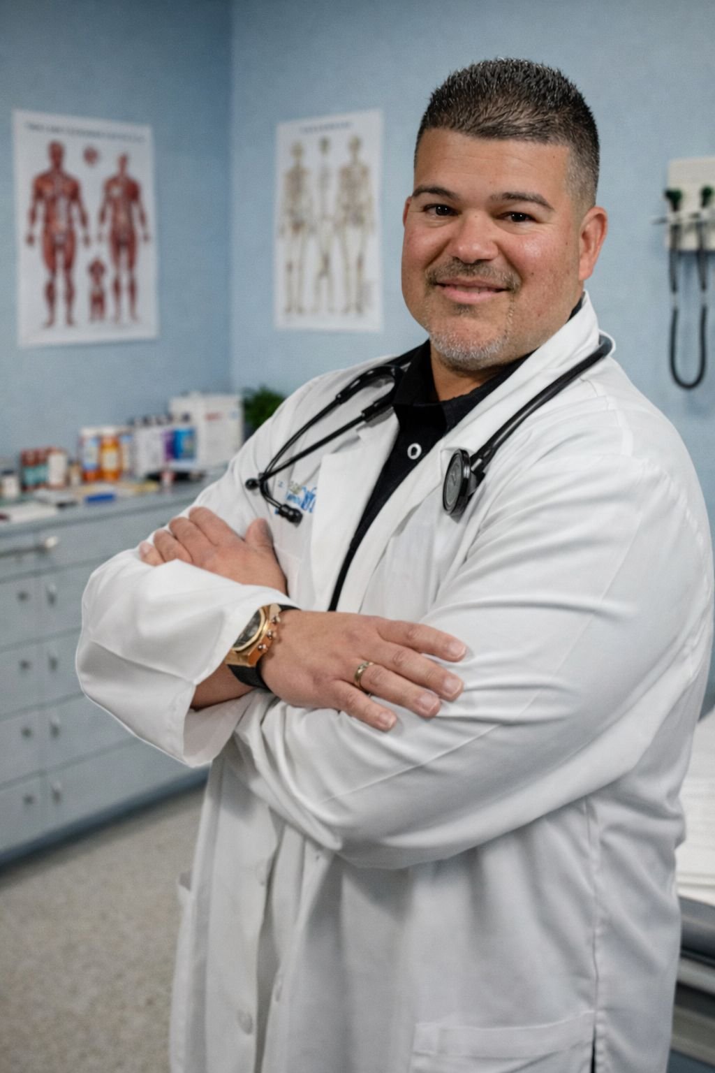 Male doctor in white coat with stethoscope smiling in medical examination room with anatomical charts on walls