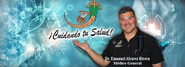 Dr. Emanuel Alvarez Rivera, General Physician, presenting with open hand gesture against medical technology background with text Cuidando tu Salud