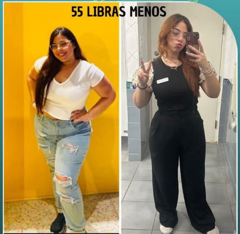 Before and after weight loss comparison showing woman at 55 pounds lighter, posed for photos in different outfits