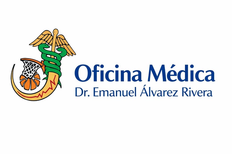 Logo for Oficina Médica Dr. Emanuel Álvarez Rivera featuring a basketball player mascot