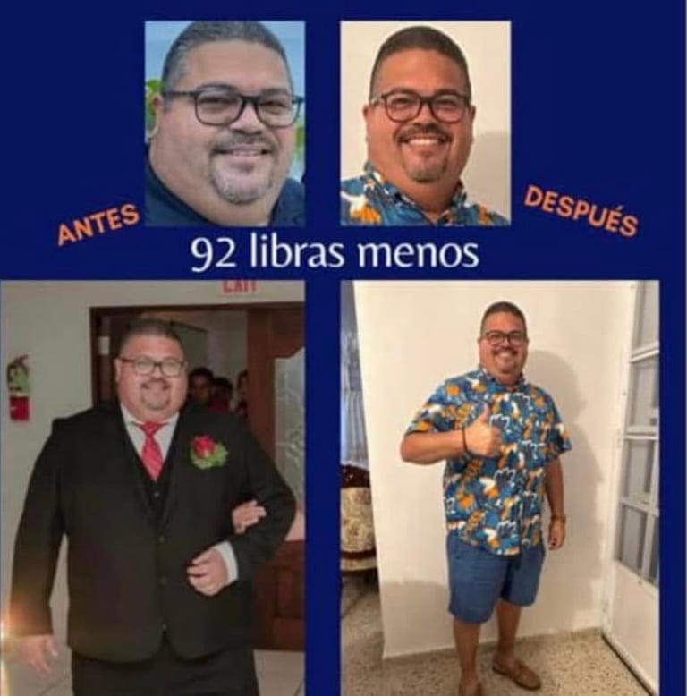 Before and after weight loss transformation showing a man 92 pounds lighter, displayed in four photos on a blue background