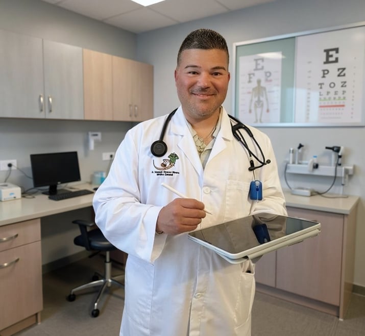 Male doctor in white lab coat holding tablet, standing in medical examination room with stethoscope around neck
